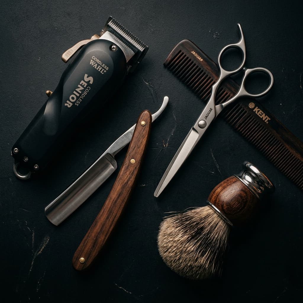 Premium barbershop tools - scissors, razors, clippers arranged artistically